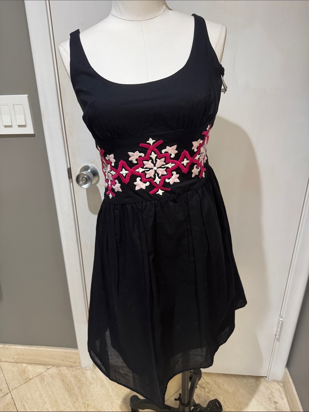 INC International Concepts Black Sleeveless Dress with Pink & Cream Embroidery